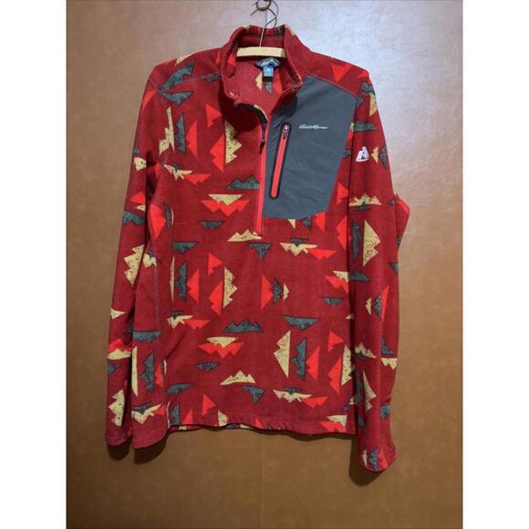Eddie Bauer First Ascent Fleece Pullover Mens Tall  Large 1/2 Zip Red‎ Aztec - Picture 1 of 9
